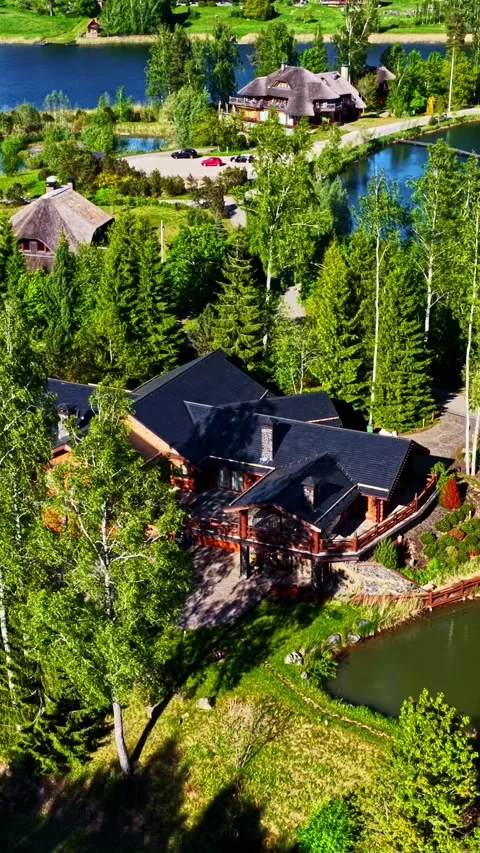 Stunning high-angle vertical drone shot over a wealthy lakeside estate village Vidéo 337036040