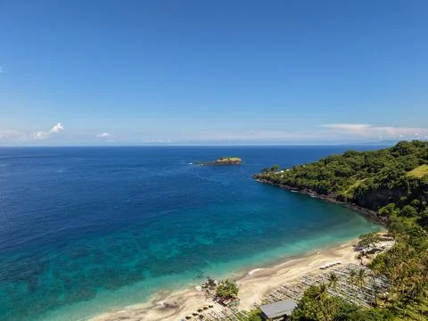 Stunning high angle view of Virgin Beach with a small rocky island 库存照片