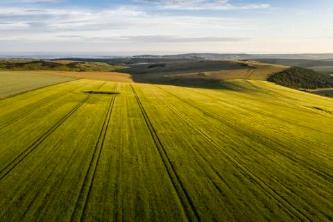 Stunning high flying drone landscape image of rolling hills in English countr Stock Photos
