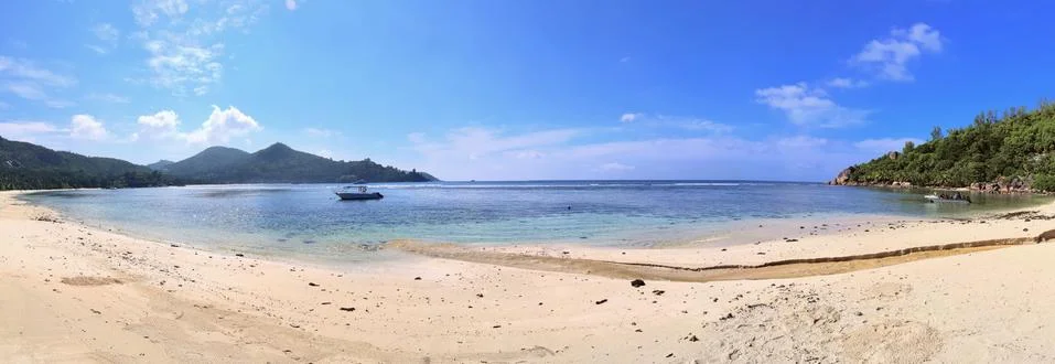 Stunning high resolution beach panorama taken on the paradise islands Seychel Stock Photos