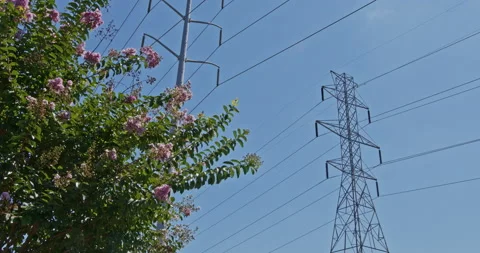 Stunning high voltage power lines sunny, blue sky, white clouds, tilt up, audio Stock Footage 137921457