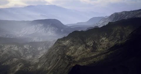 Stunning landscape view of rolling mountains and valleys under cloudy sky Stock Illustration