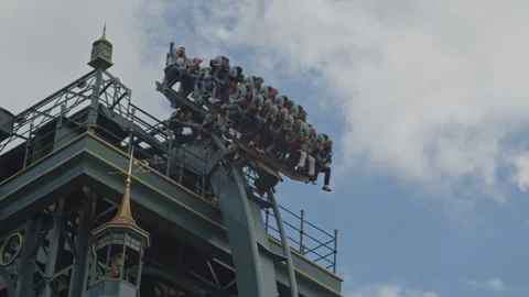 Stunning low angle view of the Baron 1898 dive coaster making a free fall from Video stock 338072182