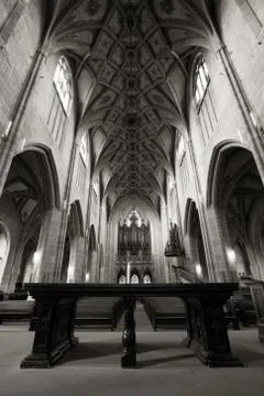 Stunning low angle view of a black and white cathedral interior,showcasing its Foto stock