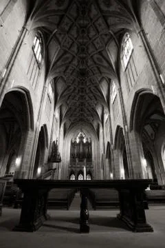 Stunning low angle view of a black and white cathedral interior,showcasing its Foto stock
