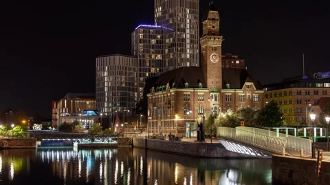 Stunning Malmo Timelapse Evening Scene Old and New Architecture by Water Stock Footage 308199236