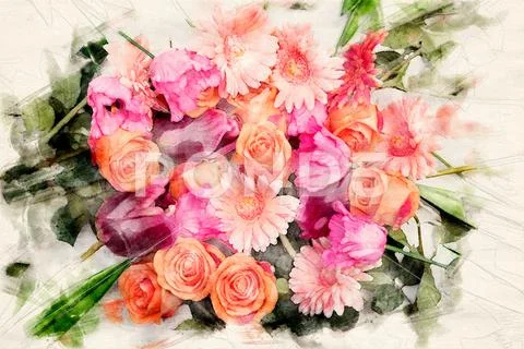 Stunning mix of roses,gerberas and tulips Stock Illustration
