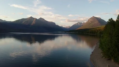 Stunning Mountain Lake Aerial Drone Footage of Montana Sunset Stock Footage