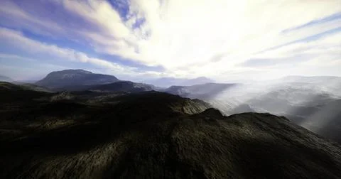 Stunning mountain landscape with dramatic clouds and sunlight breaking throug Stock Illustration
