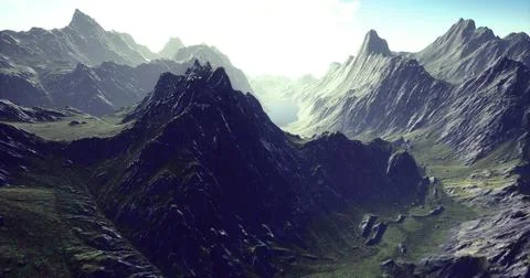 Stunning mountain range with lush valleys and dramatic peaks in daylight Stock Illustration