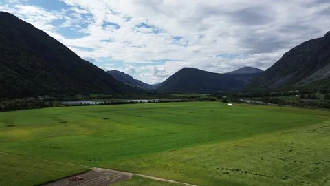 Stunning Mountains And Green Fields Of Norway, Aerial View Stock Footage 255158383