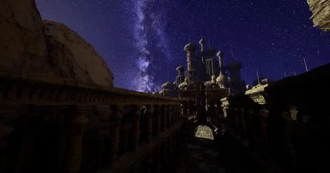 Stunning night sky view over an ancient castle surrounded by mountains Ilustração Stock