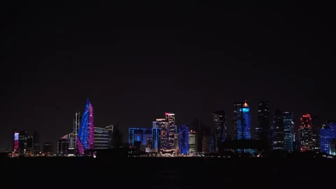 Stunning Night Skyline of Doha West Bay Skyscrapers Stock-Footage 337036544