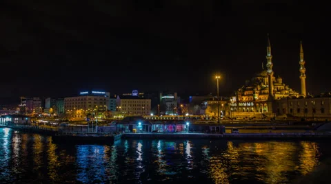 Stunning night view of New Mosque &amp; Bosphorus Stock Footage 39649893