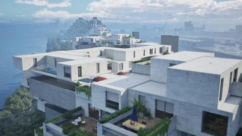 A stunning oceanfront building captured from above Ilustración de archivo