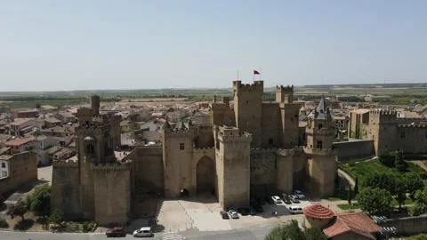 Stunning Olite Castle with flag flying on a warm sunny day, dolly right. Stock Footage 205596466