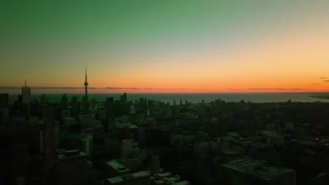 Stunning panoramic drone view in dramatic green orange tones of modern downtown  Video stock 320528017