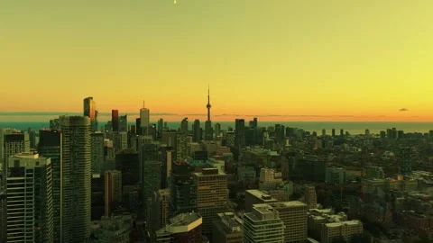 Stunning panoramic drone view in yellow green tones of modern downtown  Video stock 320532587