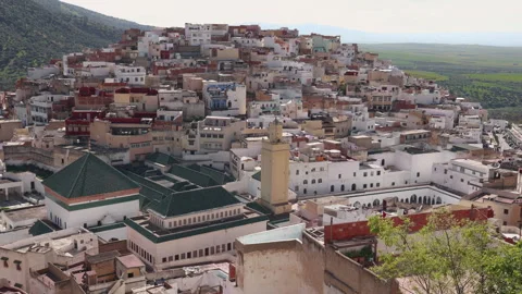 Stunning panoramic view of the ancient town of Moulay Idriss Zerhoun Stock Footage 336056410