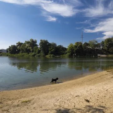 Stunning panoramic view of a calm river on a sunny summer day. Golden sand be 스톡 사진