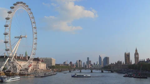 Stunning Panoramic View of the London Eye and Serene River Thames at Dusk in Vídeo Stock 308745782