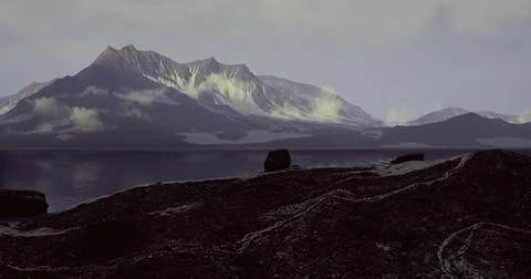 Stunning panoramic view of mountain range reflecting on the calm lake at dusk Stock Illustration