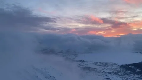 Stunning panoramic view of mountain valley against horizon with sunset and Video stock 144790576