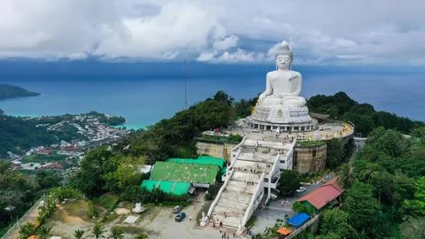 Stunning panoramic view Phuket white big Buddha landmark of Phuket island can Stock Photos