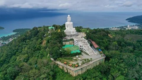 Stunning panoramic view Phuket white big Buddha landmark of Phuket island can Stock Photos