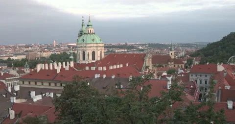 Stunning panoramic view of Prague's skyline featuring historic architecture, Stock Footage 283795702