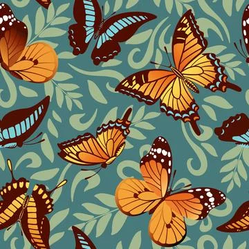 A stunning pattern featuring butterflies in vibrant colors on a teal backgrou Stock Illustration