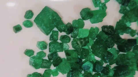 Stunning Raw Green Emerald Crystals Displayed On White Trays Stock Footage 342200283