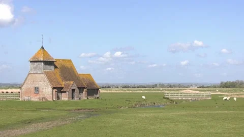 Stunning remote Romney March Medieval Church Fairfield Stock Footage 154169374