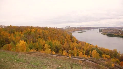 Stunning river Volga and forest in autumn. Nizhniy Novgorod, Russia. Stock Footage 165066574