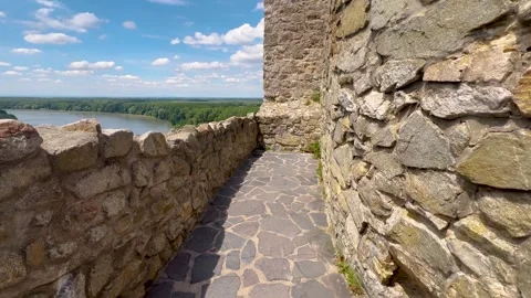 A stunning riverside view from the stone walls of an ancient fortress. Stock Footage 302013630