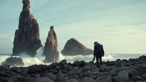 Stunning rock formations at Ilheus Da Ribeira shore during sunrise Stock Footage 321460078
