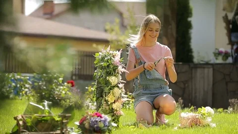 Stunning rustic reception decorations young caucasian model posing making a Stock Footage 83570103