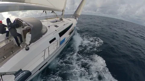 Stunning Sailboat run over the winter sea, cloudy with sun, 360 effect  Stock Footage 120741254