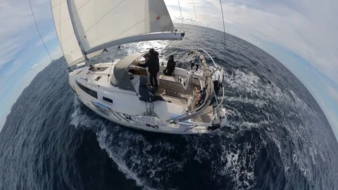 Stunning Sailboat run over the winter sea, cloudy with sun, 360 effect Stock Footage 120742544