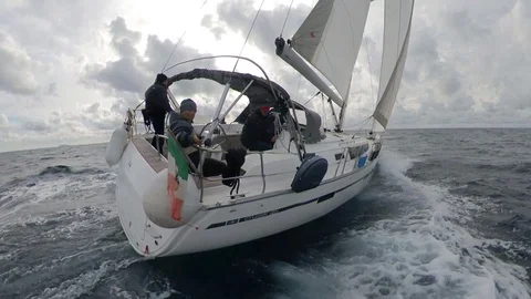 Stunning Sailboat run over the winter sea, cloudy with sun, 360 effect , side Stock Footage 120742687
