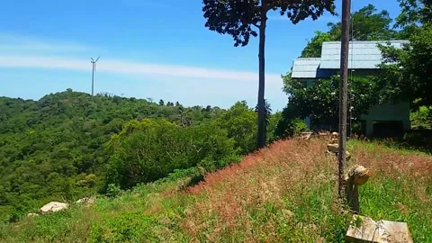 A stunning sea view over a grassy area with mountain jungles in the background Stock Footage 130852067