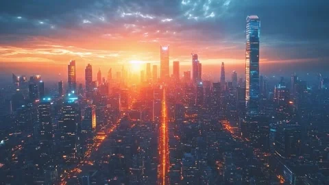 A Stunning Skyline Illuminated at Sunset, Casting Warm Stock Footage 293070177