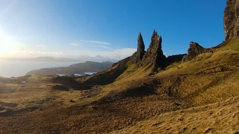 Stunning smooth fly towards Old Man Storr, Skye drone aerial 4K Stock Footage 104578688
