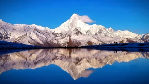 Stunning Snow Capped Mountain Peak Reflecting in Tranquil Blue Lake Tibet China Stock Footage 338424376