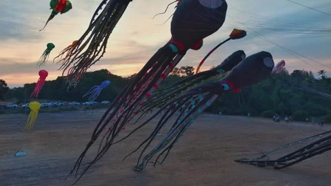 A Stunning Spectacle of Octopus Kites Dancing in the Sky at a Thailand Kite Stock Footage 259919666