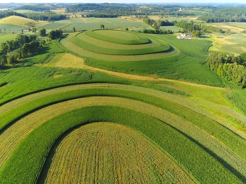 Stunning striped green fields over rolling hills, rural Wisconsin Stock Footage 78112224