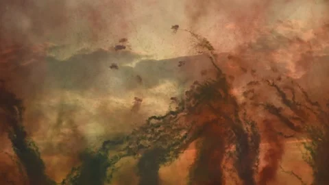 Stunning sunset clouds illuminated by vibrant firework explosions during a dusk Stock Footage 302058379