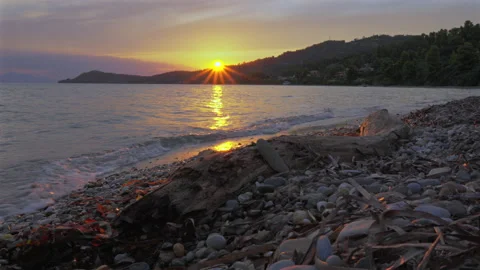 Stunning Sunset Over Calm Beach with Driftwood Stock Footage 328109301