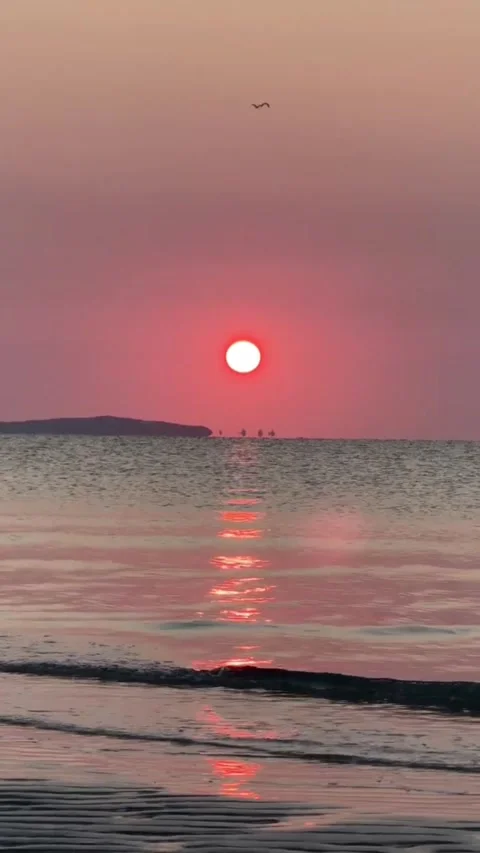 Stunning sunset over the ocean with a vibrant red sun and calm waves washing Vidéo 334163960