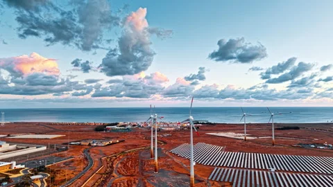 Stunning sunset over solar panels and wind turbines in Gran Canaria Stock Footage 296922437